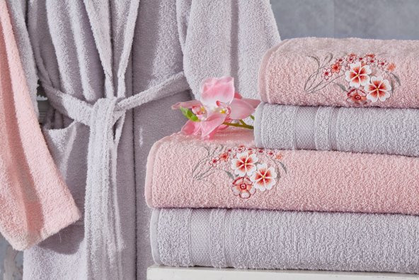 Family Nakışlı Pembe & Lila Aile Bornoz Seti 6 Parça Çeyizlik Kadın Erkek Bornoz Banyo Havlu Takımı - 3