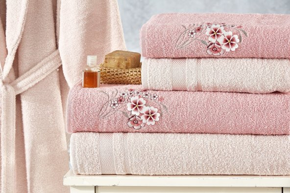 Family Nakışlı Pudra & Kapuçino Aile Bornoz Seti 6 Parça Çeyizlik Kadın Erkek Banyo Havlu Takımı - 3