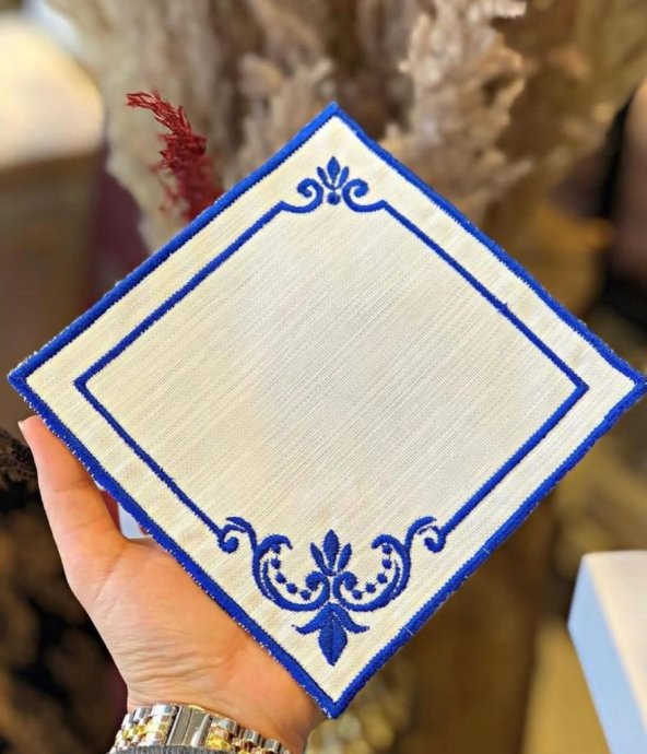 Köşeli Mavi 6lı Kokteyl Kahve Sunum Peçetesi Maraş İşi Sırma Nakış İşlemeli Gardenya Sunumluk