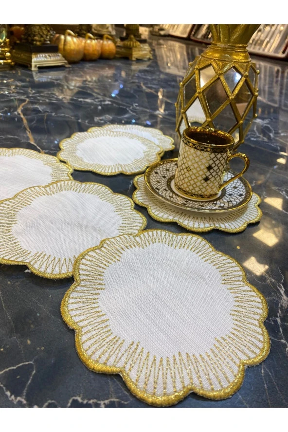 Shems Gold 6lı Kokteyl Kahve Sunum Peçetesi Maraş İşi Sırma Nakış İşlemeli Gardenya Sunumluk