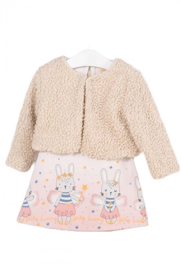 BupperKids Kız Bebek Sihirli Tavşan Desenli Bebek Yelekli Elbise Takım