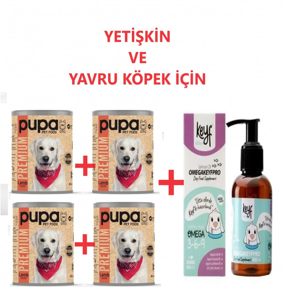 4YAVRU VE YETİŞKİN KÖPEKLER İÇİN KUZU ETLİ KÖPEK KONSERVE MAMASI  400 GR X 4 ADET + KEYF OMEGA