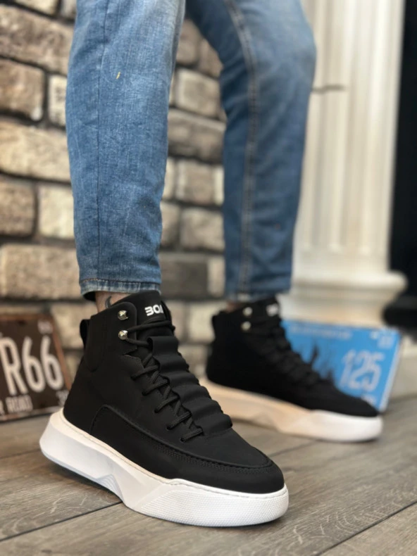 BA0321 Gizli Bağcıklı Erkek Yüksek Taban Siyah Beyaz Spor Bot ürün görseli 1