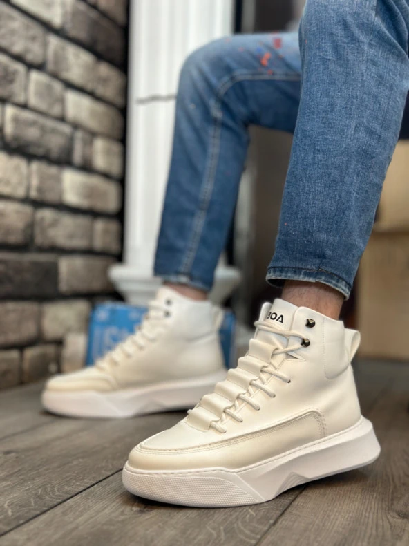 BA0321 Gizli Bağcıklı Erkek Yüksek Taban Beyaz Spor Bot - Resim 2