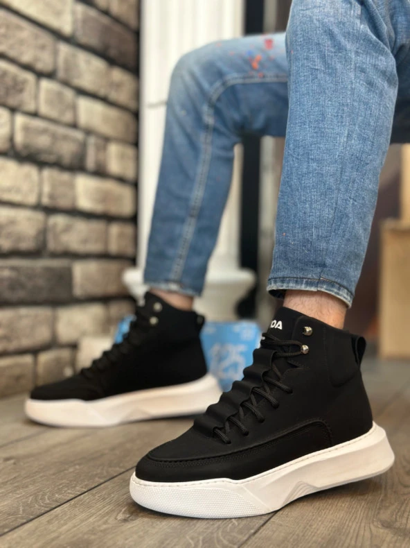 BA0321 Gizli Bağcıklı Erkek Yüksek Taban Siyah Beyaz Spor Bot - Resim 2