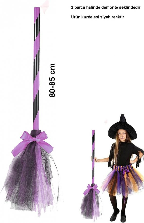 Pembe Cadı Süpürgesi - Halloween Siyah Fiyonklu Tüllü Cadı Süpürgesi 80-85 cm