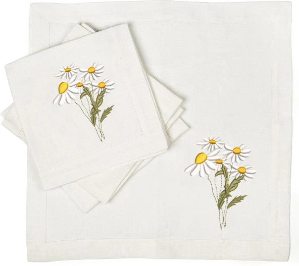 İthal Keten Papatya Nakışlı 4'lü Kumaş Peçete ve runner - 3