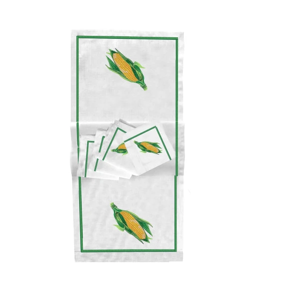 İthal Keten Mısır Nakışlı 4'lü Kumaş Peçete, 4'lü Çatal Kaşıklık, Runner - 2