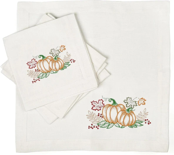 İthal Keten Balkabağı 6 Nakışlı 4'lü Kumaş Peçete - 2