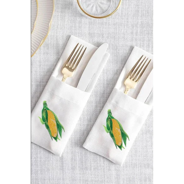 İthal Keten Mısır Nakışlı 4'lü Kumaş Peçete ve runner - 3