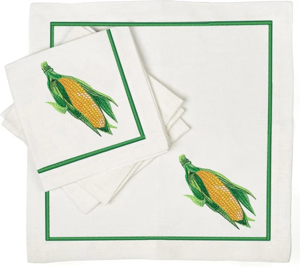 İthal Keten Mısır Nakışlı 4'lü Kumaş Peçete ve runner - 4