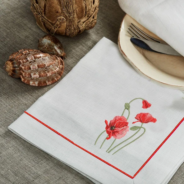 İthal Keten Gelincik Nakışlı 4'lü Kumaş Peçete