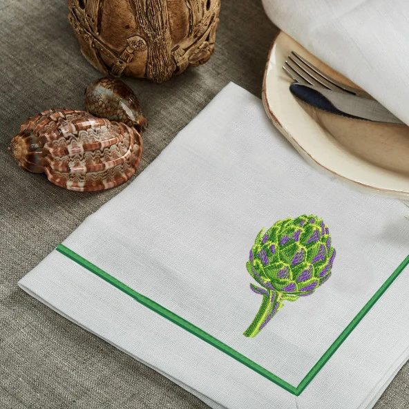 İthal Keten Enginar Nakışlı 4'lü Kumaş Peçete ve runner - Resim 2