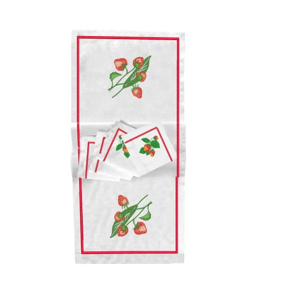 İthal Keten Çilek Nakışlı 4'lü Kumaş Peçete, 4'lü Çatal Kaşıklık, Runner - 2