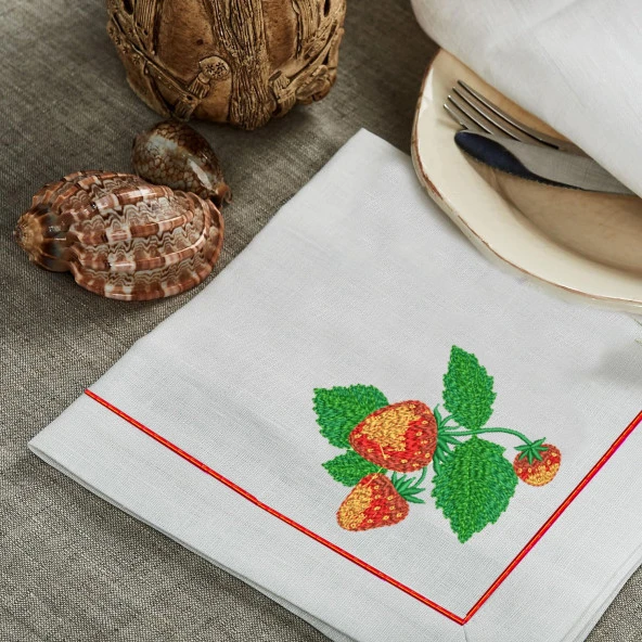 İthal Keten Çilek Nakışlı 4'lü Kumaş Peçete, 4'lü Çatal Kaşıklık, Runner - 3