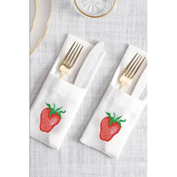 İthal Keten Çilek Nakışlı 4'lü Kumaş Peçete, 4'lü Çatal Kaşıklık, Runner - 5