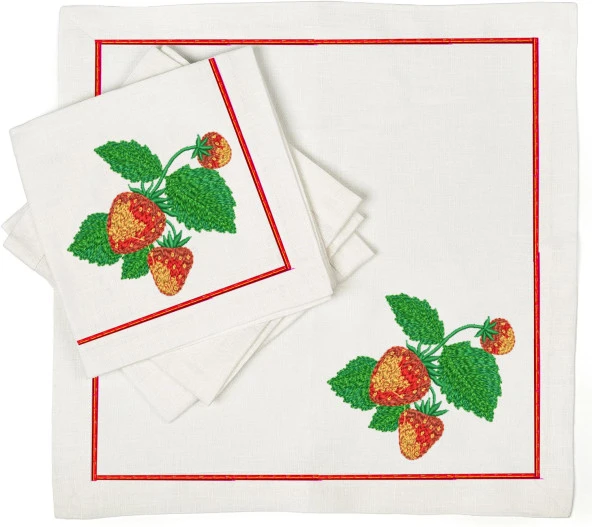 İthal Keten Çilek Nakışlı 4'lü Kumaş Peçete, 4'lü Çatal Kaşıklık, Runner - 4