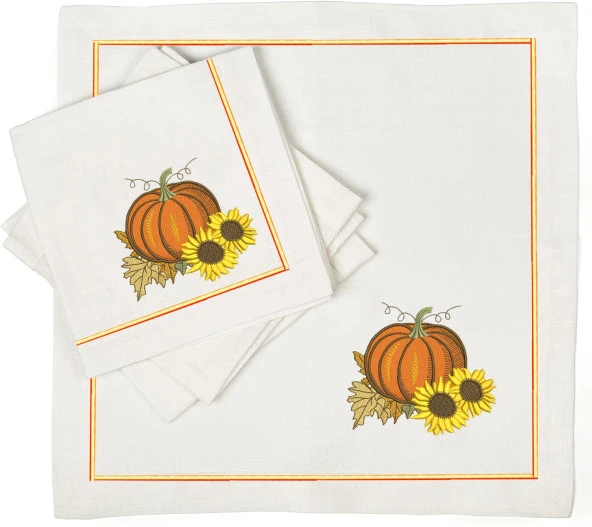 İthal Keten Balkabağı 2 Nakışlı 4'lü Kumaş Peçete, 4'lü Çatal Kaşıklık, Runner - 3