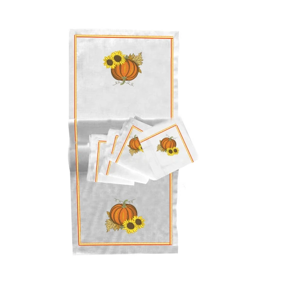 İthal Keten Balkabağı 2 Nakışlı 4'lü Kumaş Peçete, 4'lü Çatal Kaşıklık, Runner - 2