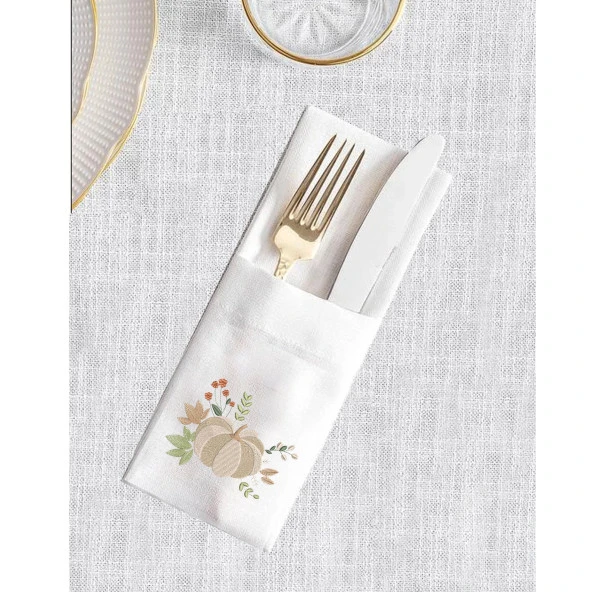 İthal Keten Balkabağı 1 Nakışlı 4'lü Kumaş Peçete, 4'lü Çatal Kaşıklık, Runner - 4