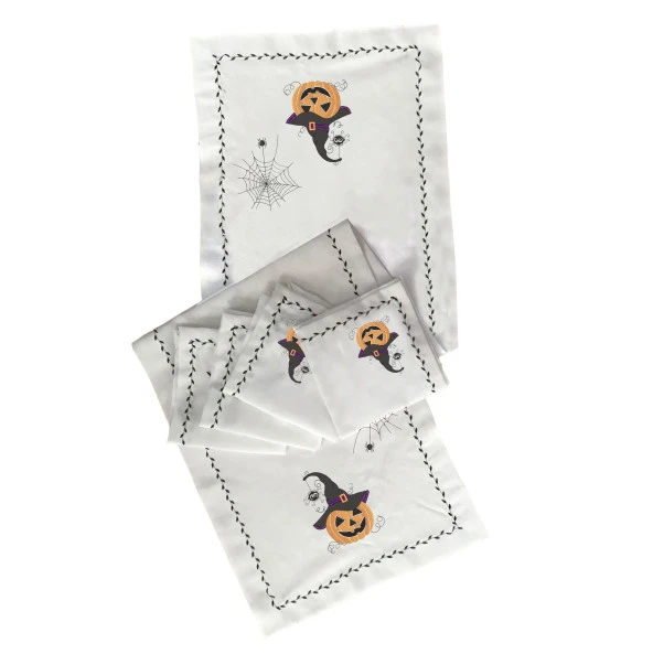 İthal Keten Halloween 2 Nakışlı 4'lü Kumaş Peçete, 4'lü Çatal Kaşıklık, Runner - 2