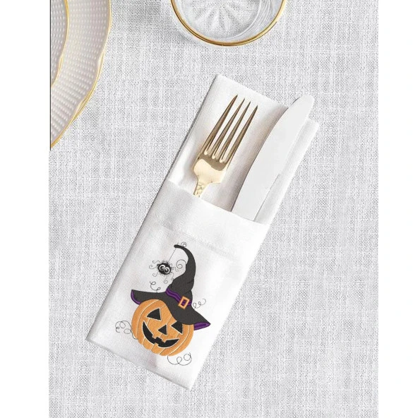 İthal Keten Halloween 2 Nakışlı 4'lü Kumaş Peçete, 4'lü Çatal Kaşıklık, Runner - 5
