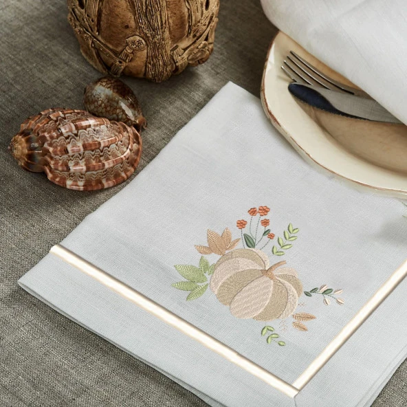 İthal Keten Balkabağı 1 Nakışlı 4'lü Kumaş Peçete, 4'lü Çatal Kaşıklık, Runner - 3