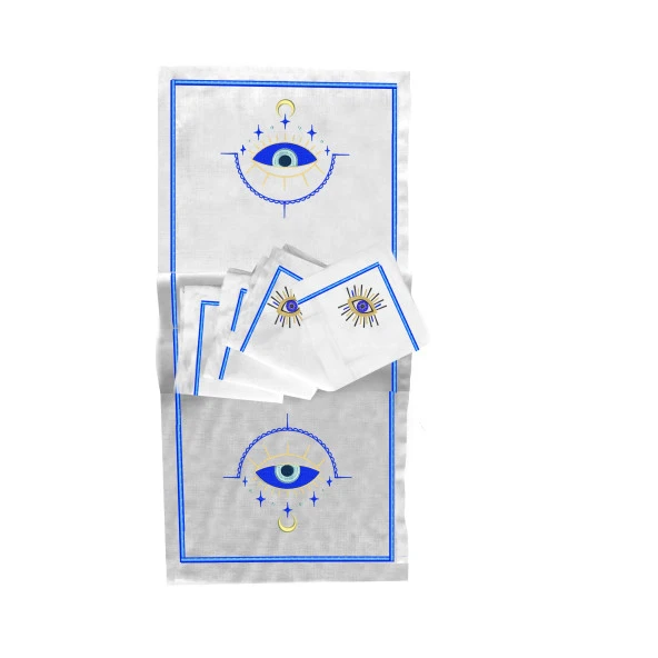 İthal Keten Nazar Nakışlı 4'lü Kumaş Peçete, 4'lü Çatal Kaşıklık, Runner - 2