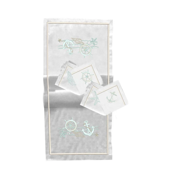 İthal Keten Marine Set Nakışlı 4'lü Kumaş Peçete, 4'lü Çatal Kaşıklık, Runner - 2