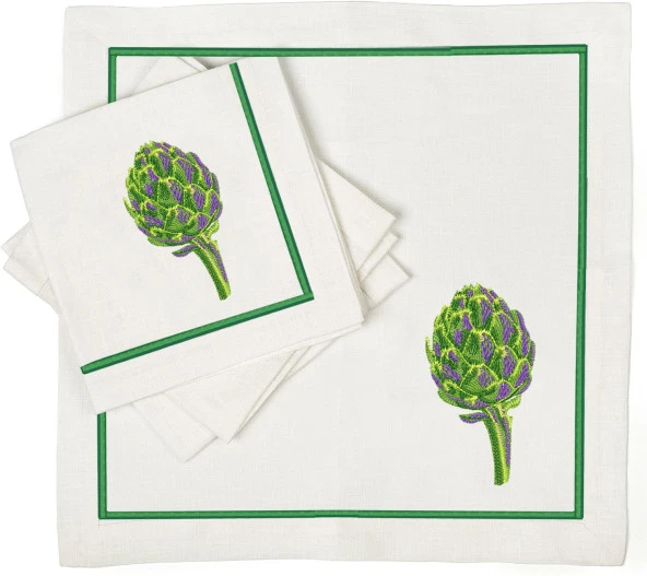 İthal Keten Enginar Nakışlı 4'lü Kumaş Peçete, 4'lü Çatal Kaşıklık, Runner - 3