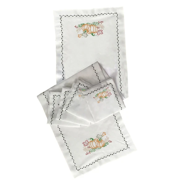 İthal Keten Balkabağı 6 Nakışlı 4'lü Kumaş Peçete, 4'lü Çatal Kaşıklık, Runner - 2