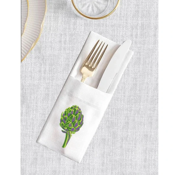 İthal Keten Enginar Nakışlı 4'lü Kumaş Peçete, 4'lü Çatal Kaşıklık, Runner - 5