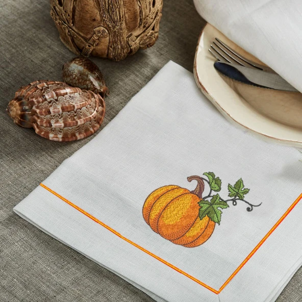 İthal Keten Balkabağı 5 Nakışlı 4lü Kumaş Peçete, 4lü Çatal Kaşıklık, Runner - Resim 4