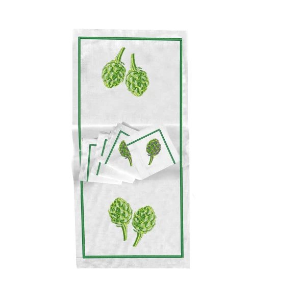 İthal Keten Enginar Nakışlı 4'lü Kumaş Peçete, 4'lü Çatal Kaşıklık, Runner - 2