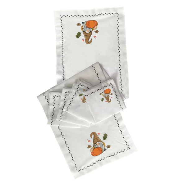 İthal Keten Gnome Nakışlı 4'lü Kumaş Peçete, 4'lü Çatal Kaşıklık, Runner - 2