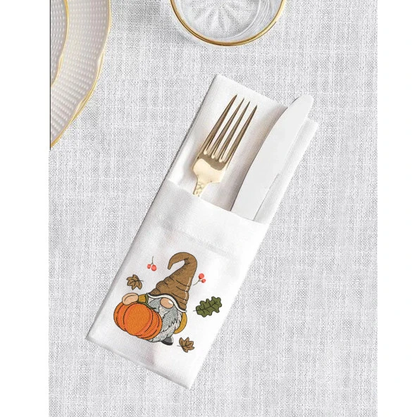 İthal Keten Gnome Nakışlı 4'lü Kumaş Peçete, 4'lü Çatal Kaşıklık, Runner - 5