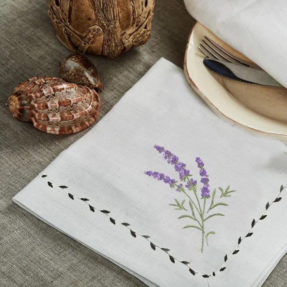 İthal Keten Lavanta Nakışlı 4'lü Kumaş Peçete