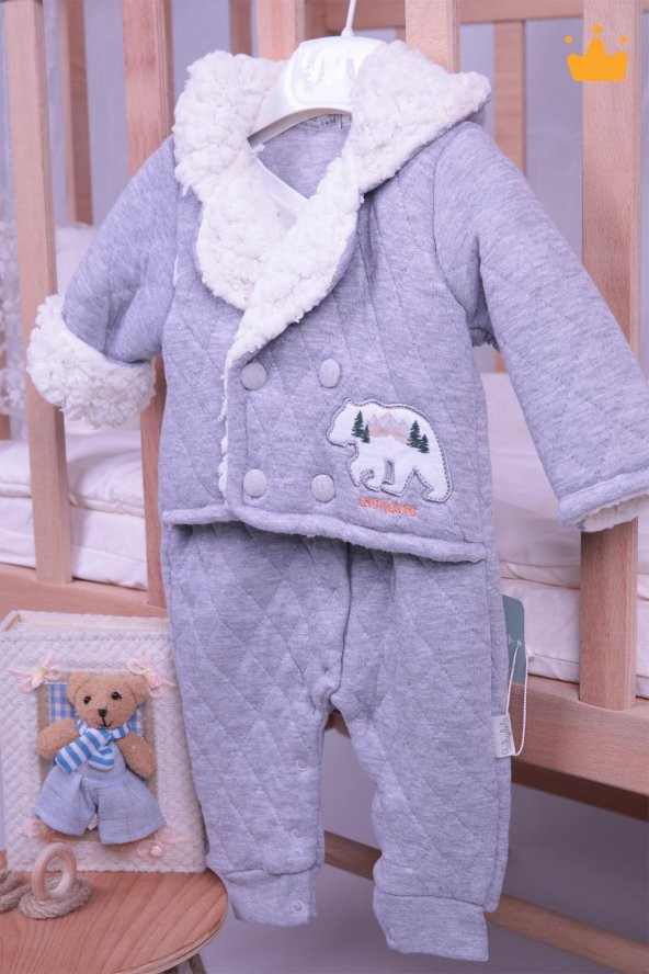 Babyhola Ceket Takım Görünümlü Velsoft Tulum Kız Erkek Bebek Çocuk Kapüşonlu Kışlık Tulum 12518 - 3