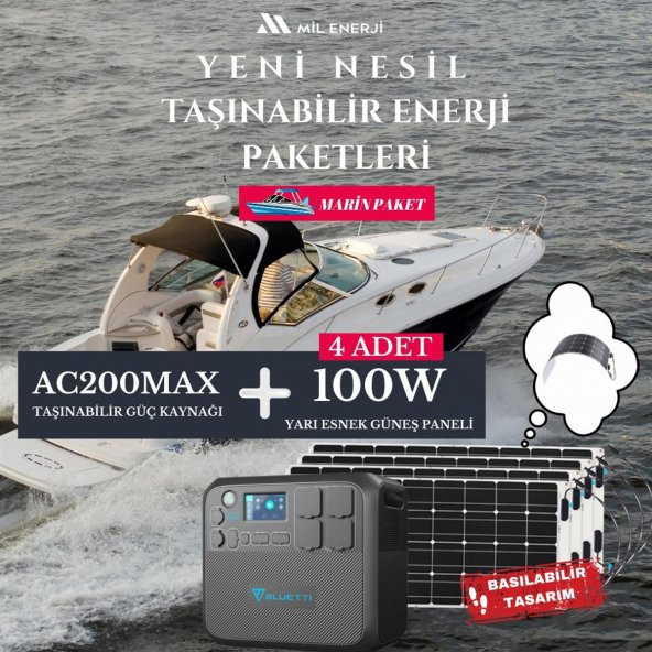Marin Paket | Bluetti AC200MAX Taşınabilir Güç Kaynağı | Sunman 400W Güneş Paneli Paketi