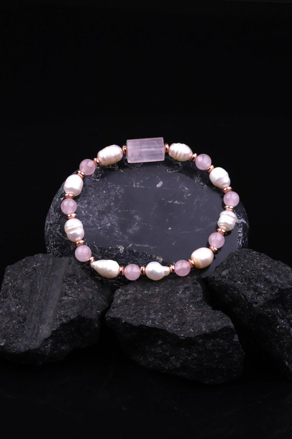 Pembe Kuvars - İnci -  Hematit Doğal Taş Tasarım Bileklik - Resim 2