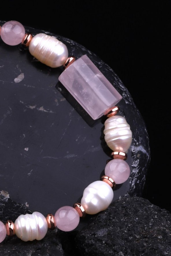 Pembe Kuvars - İnci -  Hematit Doğal Taş Tasarım Bileklik - Resim 3