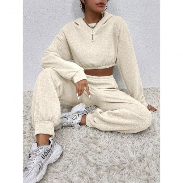 Kadın Beli Lastikli üst Uzun Kollu Crop Alt Pijama Ikili Takım