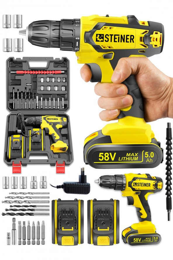 STEİNER Alman Cooper 58 V 5 Ah Darbeli Çift Metal Şanzuman Çift Akülü Şarjlı Vidalama Matkap + 24 Uç Setli - 2