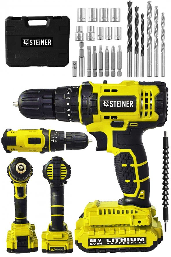 STEİNER Alman 58 V 5 Ah Darbeli Lityum Çift Akülü Sjs Metal Şanzıman Şarjlı Vidalama Matkap 24 Pcs Set - 2