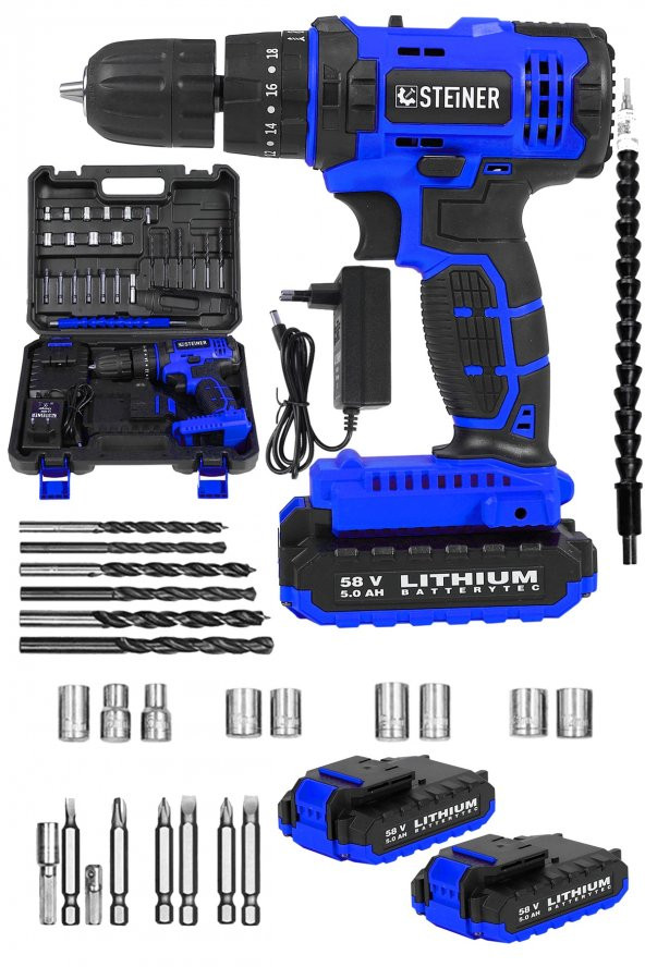 STEİNER Alman 58 V 5 Ah Darbeli Çift Akülü Metal Dişli Şanzuman Şarjlı Vidalam Matkap + 27 Parça Set