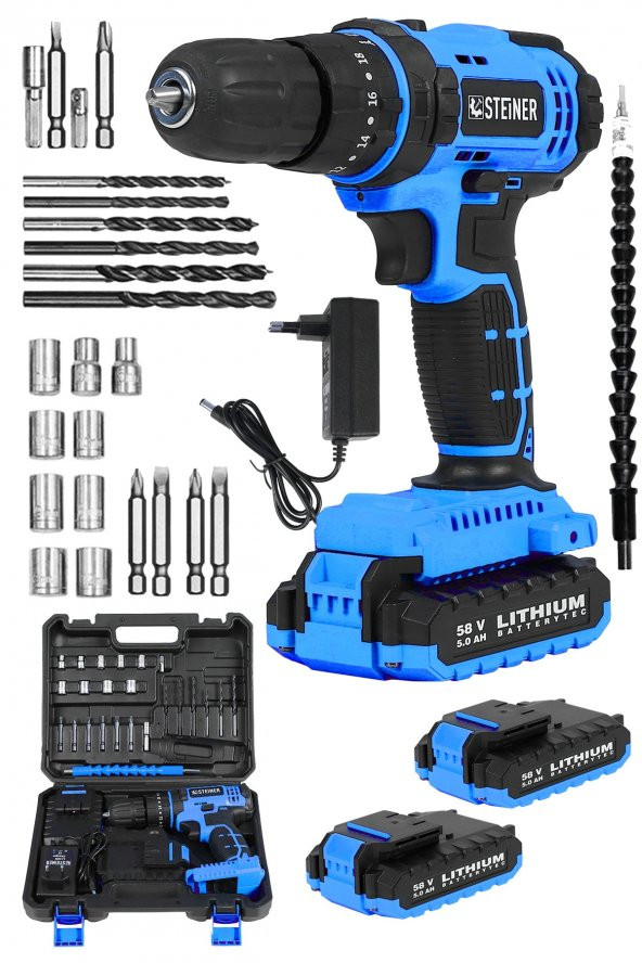STEİNER Alman 58 V 5 Ah Darbeli Lithium Çift Akülü Metal Şanzıman Bakır Sargılı Akülü Vidalama Matkap 24 Set