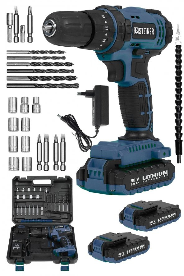 STEİNER Alman 58 V 5 Ah Darbeli Lithium Çift Akülü Metal Şanzıman Bakır Sargılı Akülü Vidalama Matkap 24 Set ürün görseli