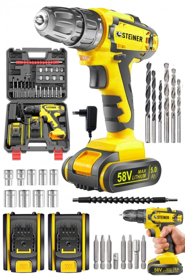 STEİNER Germany Technology 58 V 5 Ah Darbesiz Bakır Sargı Çift Akülü Şarjlı Vidalama 24 Parça Setli - 1