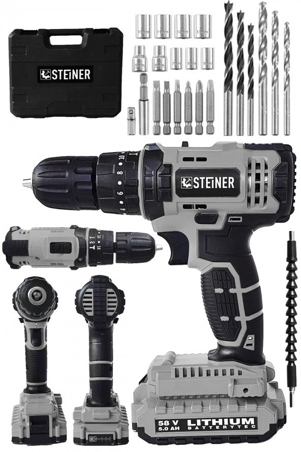 STEİNER Alman 58 V 5 Ah Darbeli Lityum Çift Akülü Sjs Metal Şanzıman Şarjlı Vidalama Matkap 24 Pcs Set - 2