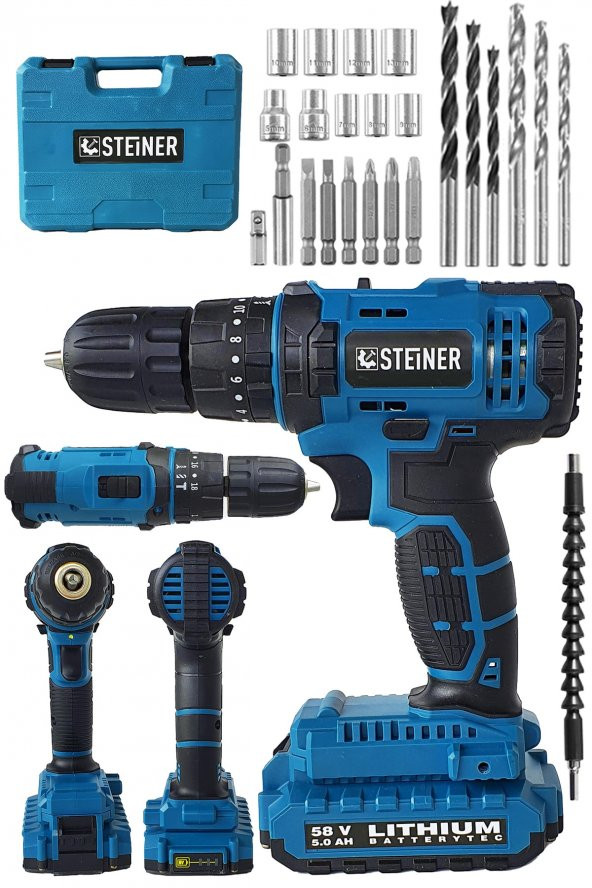 STEİNER Alman 58 V 5 Ah Darbeli Lityum Çift Akülü Sjs Metal Şanzıman Şarjlı Vidalama Matkap 24 Pcs Set - 2